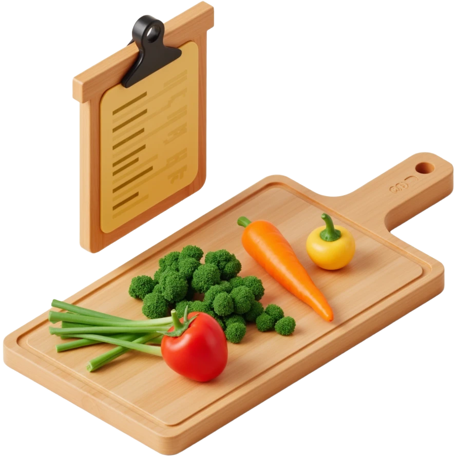 Ingredients on teh wooden cutting board with floating list emoji