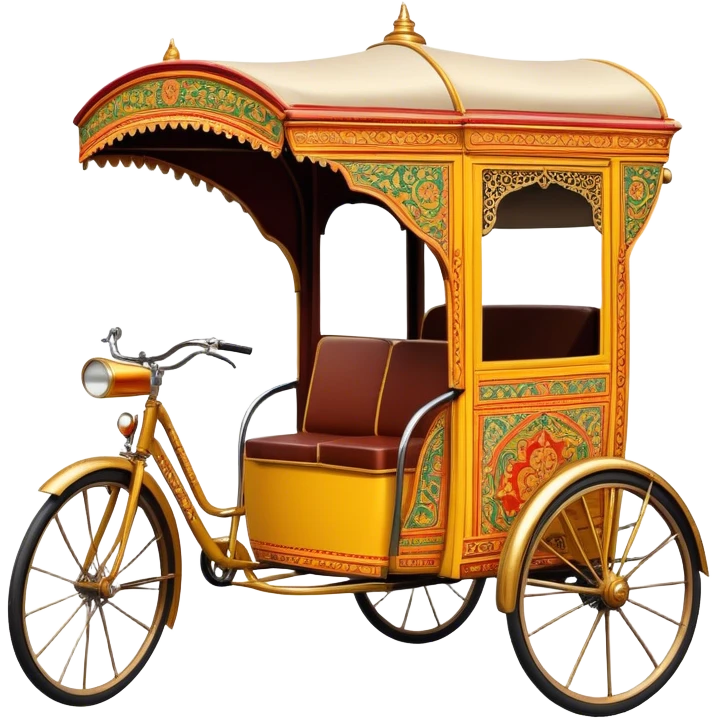 Cyclo rickshaw – Cinematic Realistic Cyclo Rickshaw, depicted as a charming, ornately painted three-wheeled cycle taxi with vintage detailing, set on bustling city streets under dynamic urban lighting that evokes cultural heritage and nostalgic charm. emoji