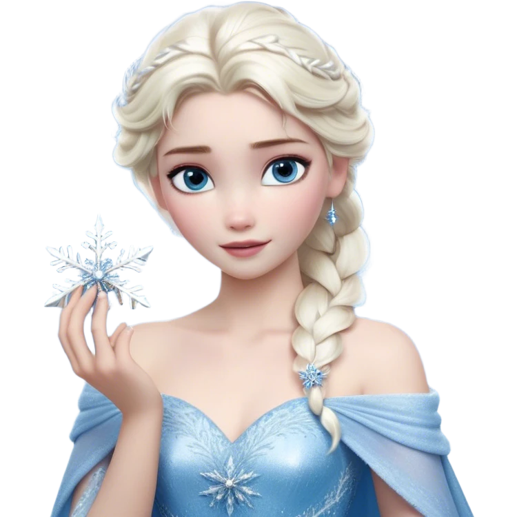 Cinematic Realistic Elsa Portrait, depicted with lifelike skin texture, soft natural lighting, and intricately detailed platinum blonde hair styled elegantly. Her striking, expressive blue eyes exude confidence and grace, complemented by a serene and regal expression. She holds a shimmering snowflake delicately in one hand, her other hand resting against her gown, embodying the power and beauty of winter. She is dressed in her signature icy attire, with shimmering fabric textures and delicate folds that catch the light beautifully. The portrait features a soft, enchanting glow with a cool, radiant finish, capturing the essence of timeless elegance in a realistic and painterly style. emoji