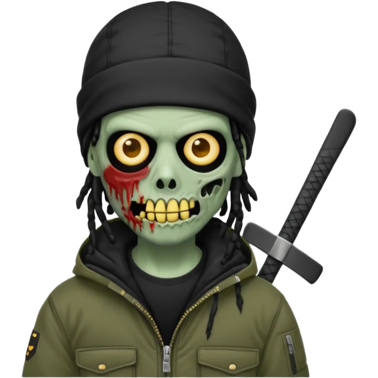 a zombie emoji with black dreads and a black carheartt jacket and black nike ski mask on his head emoji