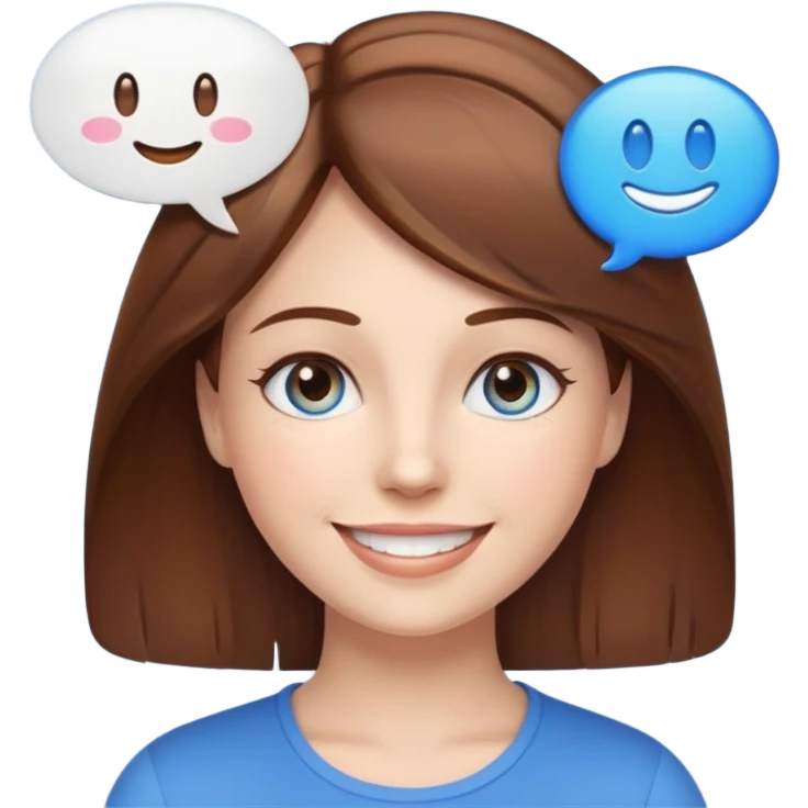 a smiling woman with a speech bubble above her head, emoji style emoji