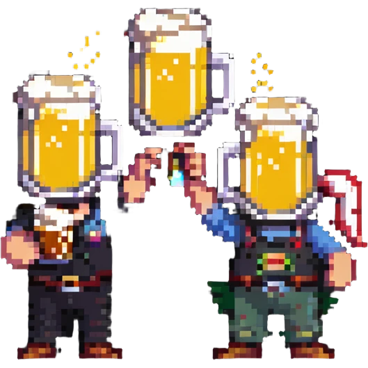 retro pixel art of two friends toasting with beer emoji