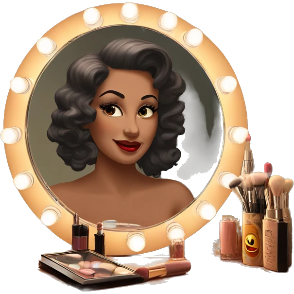 Old fashioned wood vanity with vintage makeup with moviestar mirror with old lights around the mirror  emoji