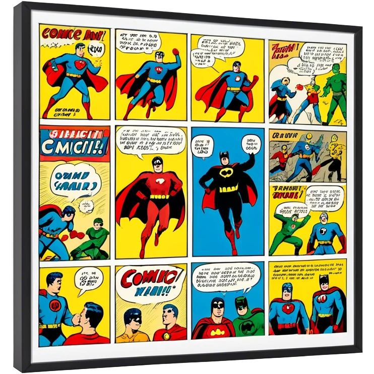 Icon for Vintage American Comics: an open comic book with classic 1940s-1950s American comic art, featuring superheroes in bold, bright colors, with action panels and exaggerated speech bubbles. The icon should represent the nostalgic style of vintage comics. Transparent background. emoji