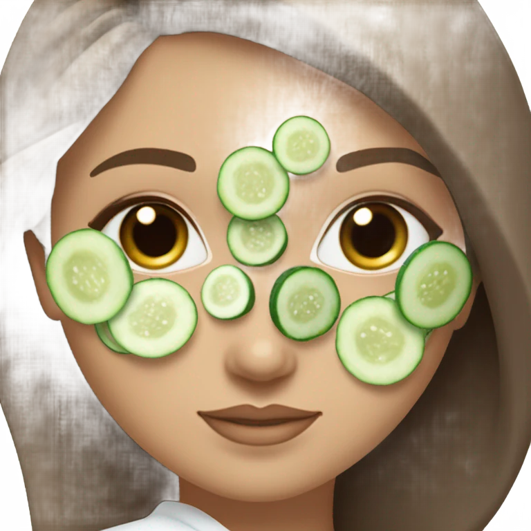 White girl with Brown hair and blue eyes wears a Green colored skincare clay textured mask and puts on cucumbers around her eyes while She relaxes in her white Robe emoji