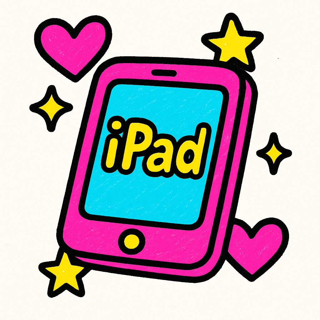 pink iPad in y2k style, surrounded by hearts and stars emoji