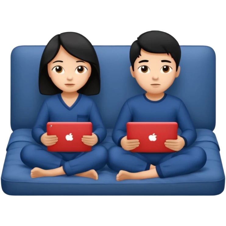 black haired boy and girl in navy blue pajamas , watching movie on laptop emoji