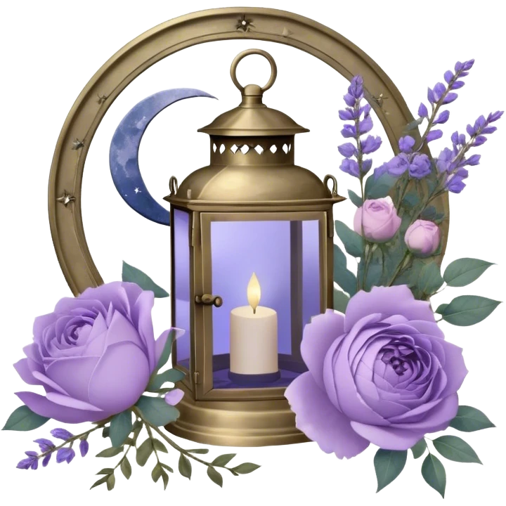 Under the soft light of a vintage brass lantern, a small bundle of lilac roses, indigo peonies, and delicate lavender sprigs is tied with a lace ribbon in a muted violet hue. Above, the sky is scattered with tiny silver stars, reflecting gently in the antique hand mirror with a moon-shaped handle beside the bouquet. emoji