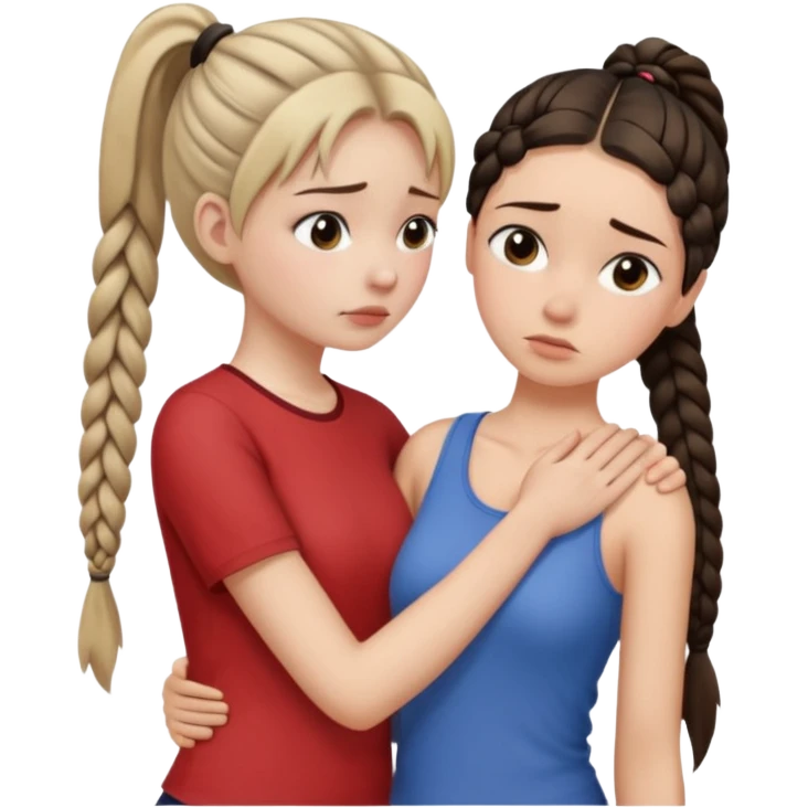 Comforting Hug two white skin women, one shorter woman with medium brown simple top ponytail, not braided, and one taller skinny sad face woman with a single long black side braid emoji