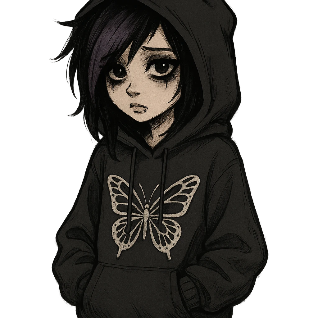emo girl with oversized hoodie, butterfly motif, expressive eyes emoji