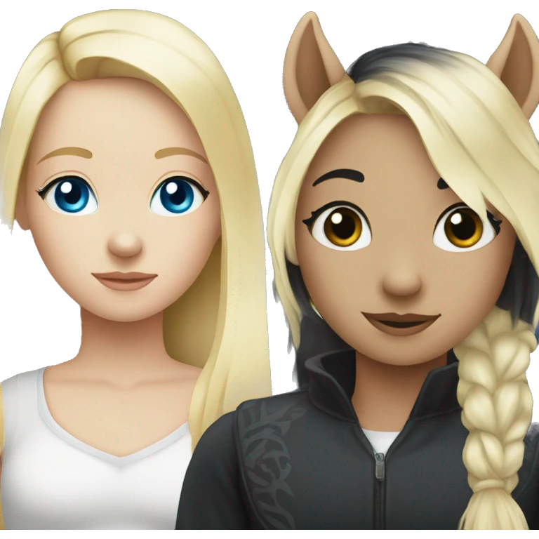 blonde girl with blue eyes and her black horse with black mane emoji