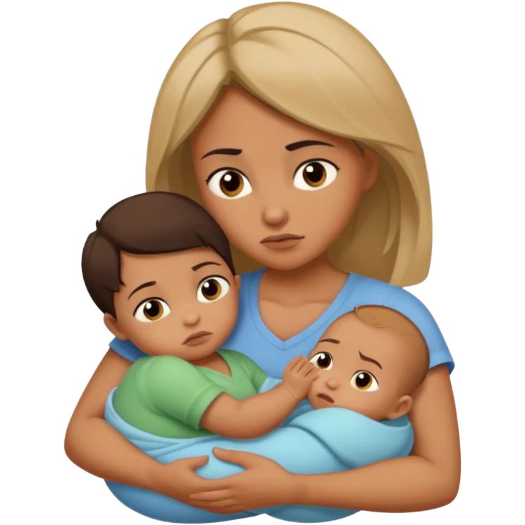 A woman holds her baby in her hands hugs him and looks a little agressive  emoji
