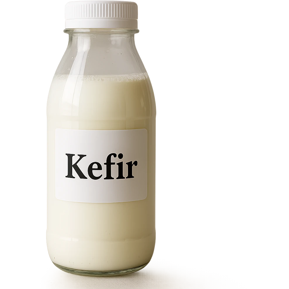 photo realistic transparent bottle of kefir with the label 'Kefir' in Italian emoji
