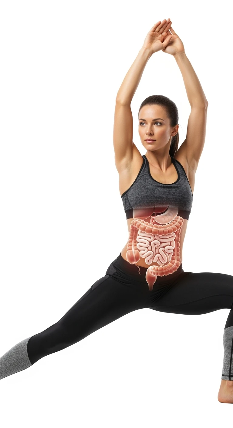 donna che fa stretching con intestino umano anatomico in evidenza, realistica 4k sfondo bianco emoji