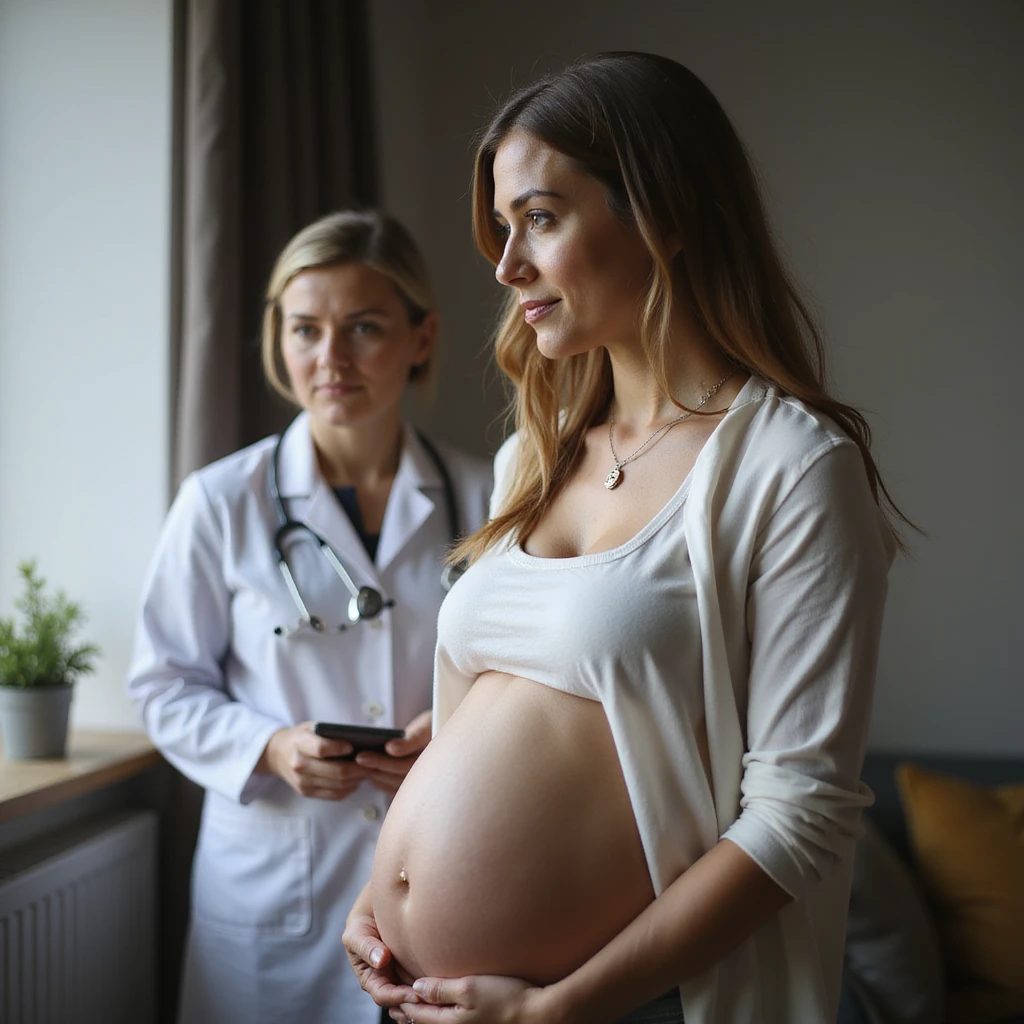realistic pregnant woman in 4K consulting doctor or nutritionist listening to advice about avoiding raw salmon to protect baby emoji
