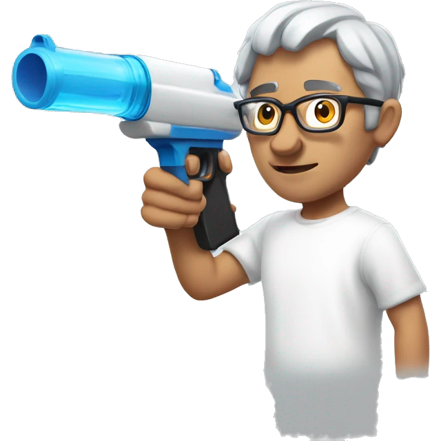 Turkish man with grey hair and protective glasses and white t-shirt aiming a water gun with one hand while standing sideways emoji