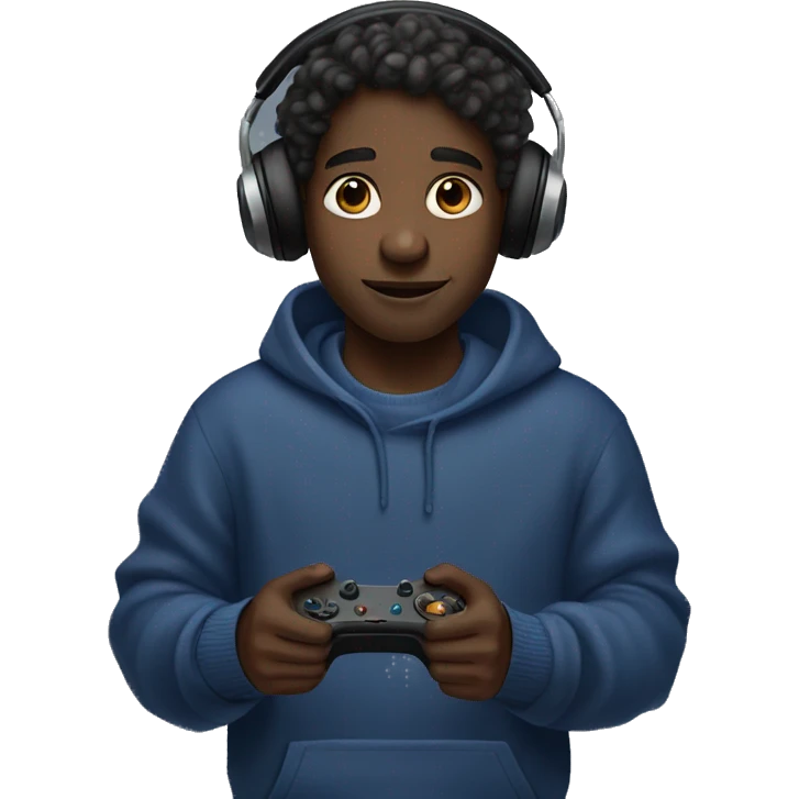A black boy with long locks holding a game controller. He is wearing and indigo sweater and headphones. emoji