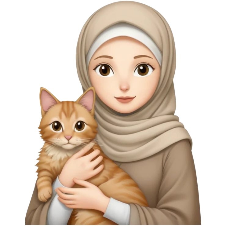 White girl wearing hijab holding nude mainecoon cat emoji