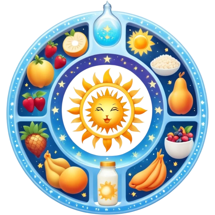 Magical daily fitness nutrition schedule with ethereal water bottle, celestial sun, enchanted chicken and rice plate, mystical gym equipment, glowing yogurt, sparkling fruits, and dreamy sleep symbol, all arranged in a cosmic circle with starry aura emoji