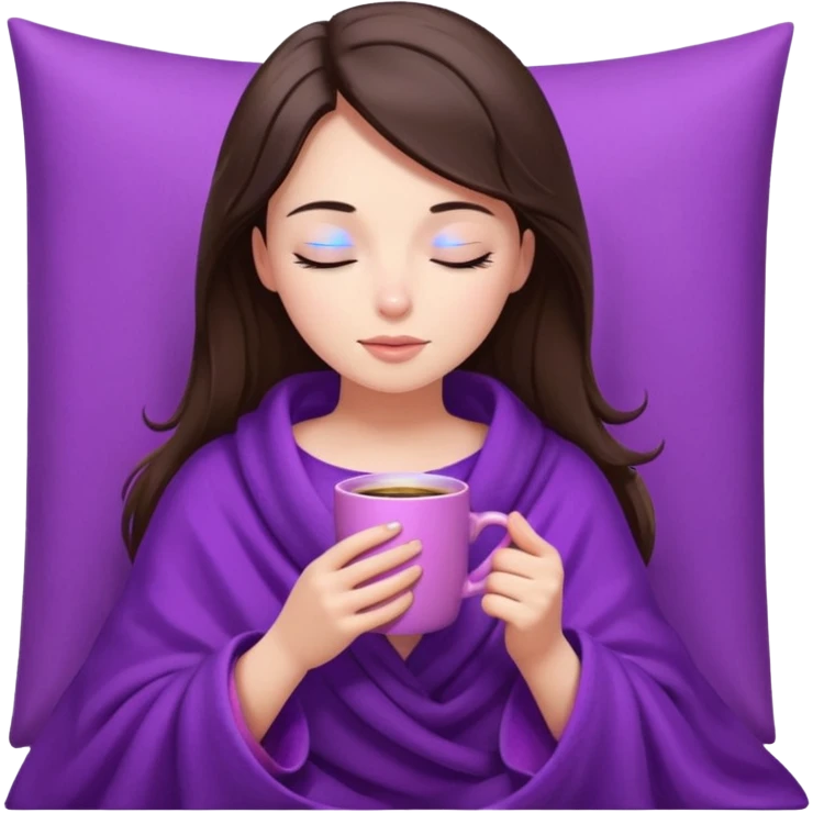 girl brunette inside a violet blanket sipping coffee from pink mug eyes closed emoji