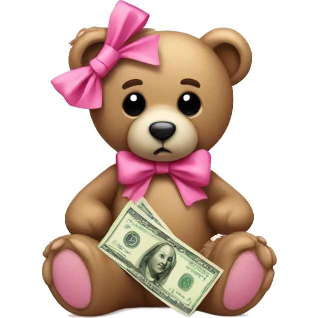 Sad teddy bear with pink bow holding money emoji