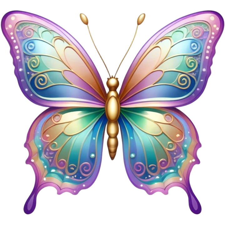 Pastel sparkly glittery iridescent rainbow transparent butterfly with detailed intricate patterns emoji