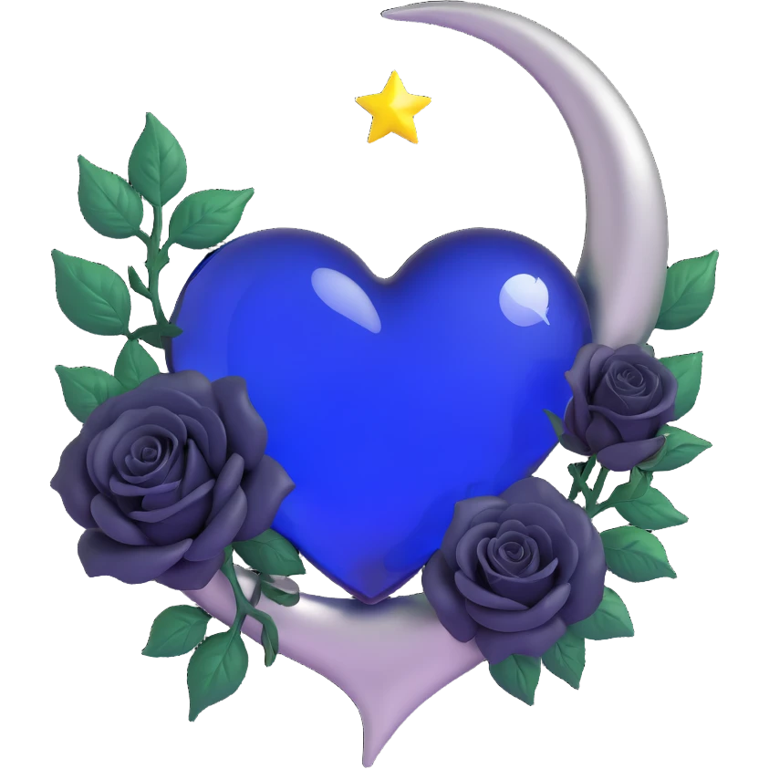 mysterious gothic heart, midnight blue glass, silver crescent moon, black roses embellishing the heart, rich and elegant emoji