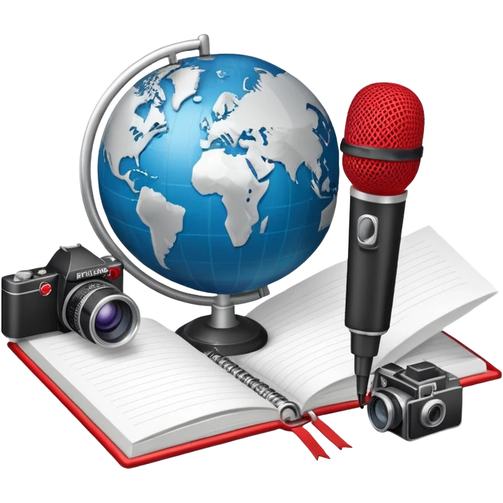 An icon showing a microphone, a notepad, and a camera, symbolizing journalism. The design includes a globe in the background, representing global news, and a breaking news banner for emphasis. Transparent background highlights the dynamic world of media and reporting. emoji