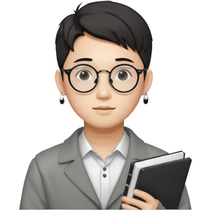 korean male guy 20s wearing an apnotebook, wearing radio earrings, round glasses, achromatic clothes, and achromatic clothes. emoji