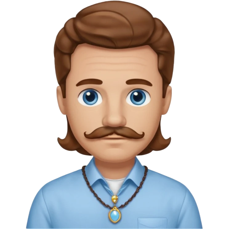 Benson Boone blue eyes, brown wavy hair and mustache, light blue dress shirt with necklace emoji