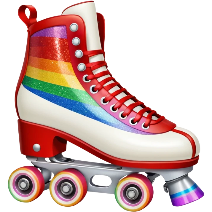 red vintage glitter roller skate with a white leather boot, rainbow stripes glitter emoji