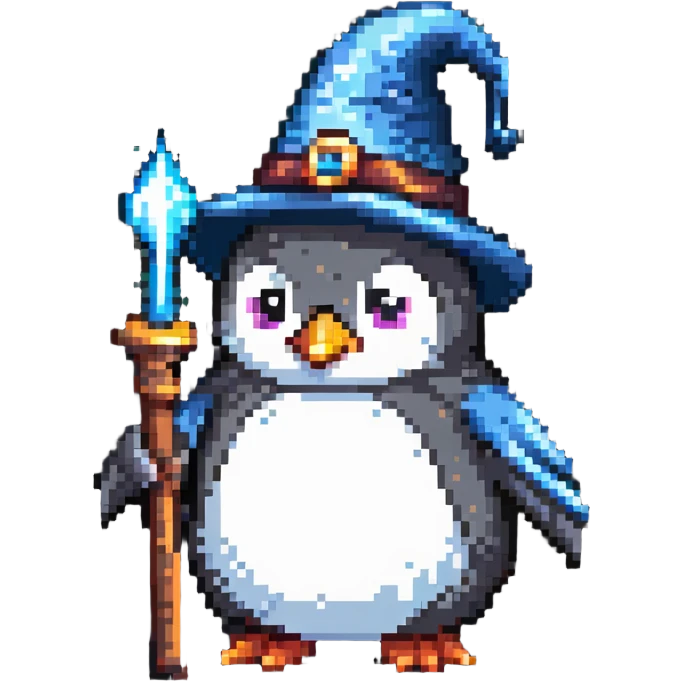 Penguin dressed as a wizard with a magical wand and pointy wizard hat emoji