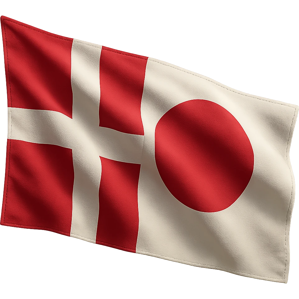 photo-realistic hybrid of Denmark and Japan flags with visible stitching, waving in the wind, no background emoji