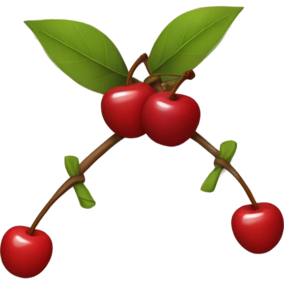 A bow with two short strings hanging down. From its center, two cherry stems with cherries extend downward. Simple background to highlight the bow and cherries emoji