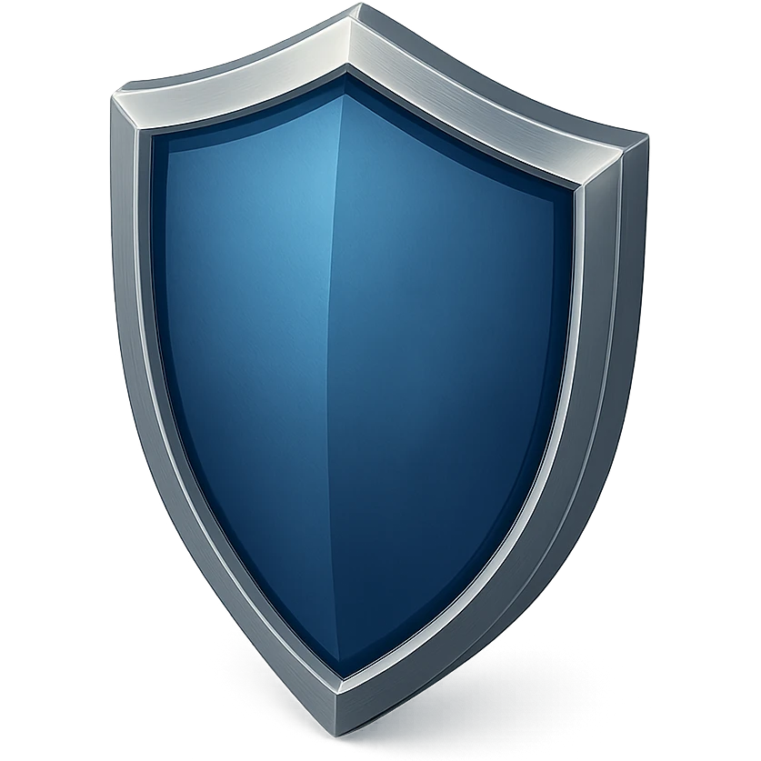 shield with heater shape, very reflective deep blue glass center, metallic border, no symbols, no sword, same perspective and style as reference, no background emoji
