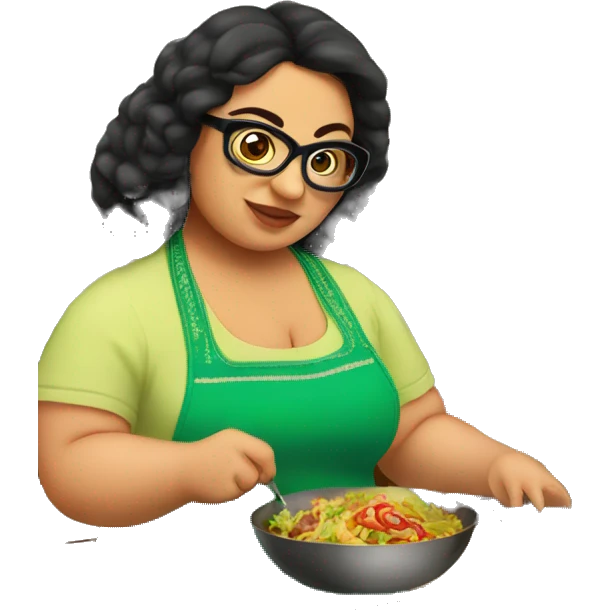 mexican chubby lady green apron  with glasses cooking tacos emoji