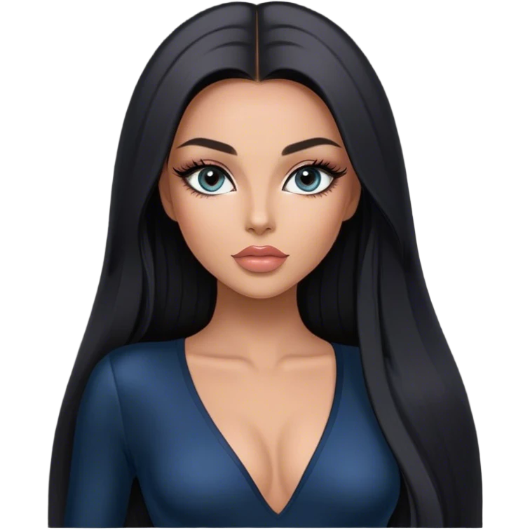 Glamours, tanned, very beautiful girl, with big pump peach-beige-rose lips, long long lashes, black straight smooth silky long hair, straight parting hair, blue-grey eyes in black long-sleeves v-neck bodysuit emoji