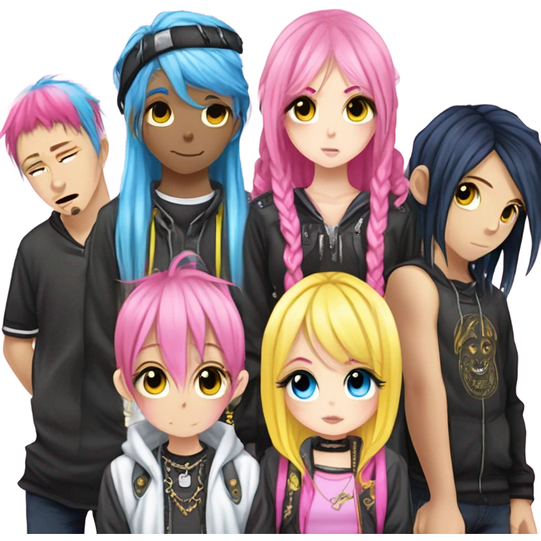 Blue eyed long eye lashes pout blonde and pink hair pale hime gyaru girl, hot pink and yellow split-dyed hair, nose ring, elf ears, dark makeup, punk clothes standing next to three diffrent men praying on their knees emoji