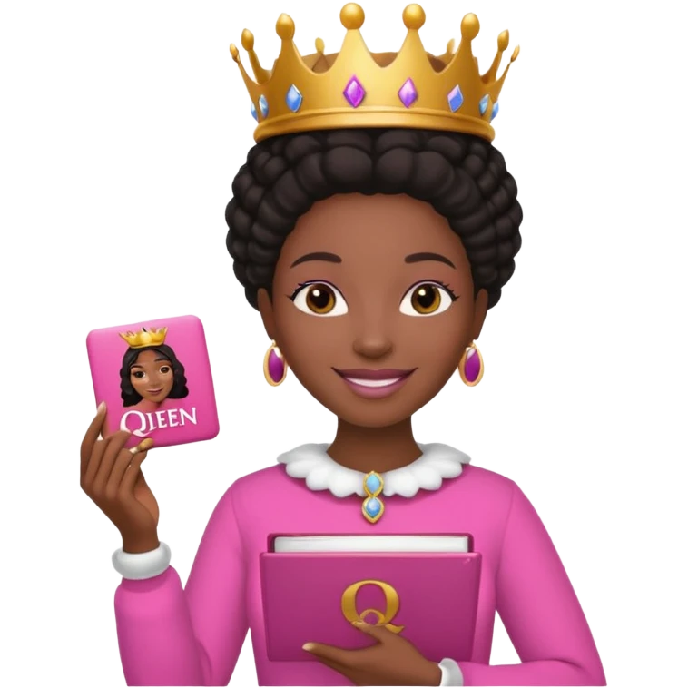 Crear una reina morena clara con ropa rosa sosteniendo la palabra Queen en sus manos emoji