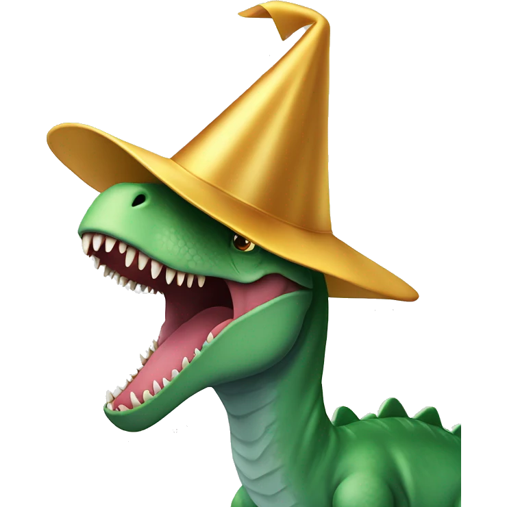 A dinosaur in a New Year’s hat is holding an iPhone emoji