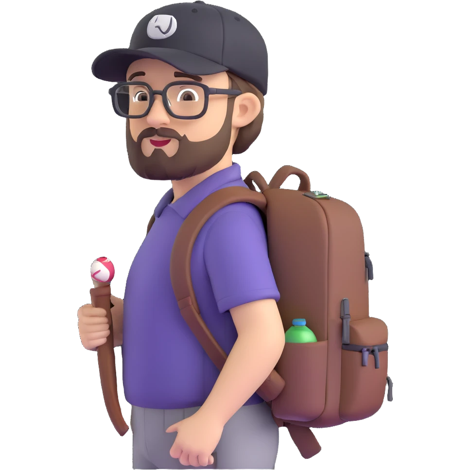 adventurer with goatee beard (no beard on cheeks), short hair, glasses, backwards baseball cap and backpack emoji