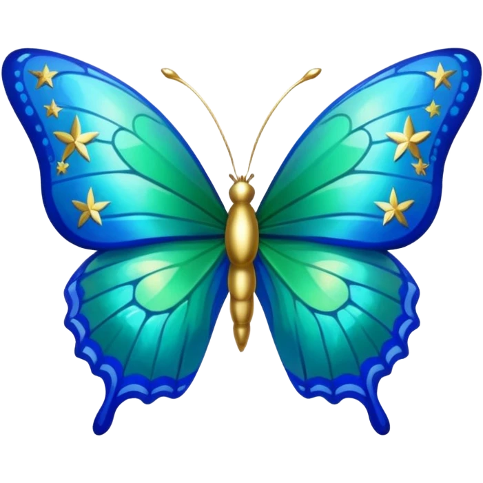 Royal blue & emerald green butterfly with gold stars and clouds of sky emoji