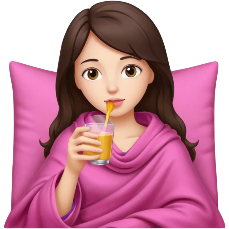 Brunette girl in pink blanket drinking celisus  emoji