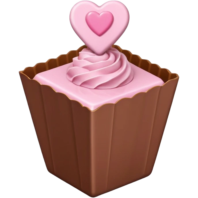 Two square milk chocolate , Each praline is a sharp-edged cube with smooth glossy chocolate coating, placed in a small white fluted paper candy cup. On top of each cube is a flat pastel pink heart-shaped icing emoji