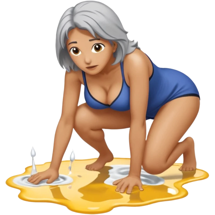 A naked woman bending over peeing on the floor leaving a puddle behind, pussy, big boob's, grey hair emoji