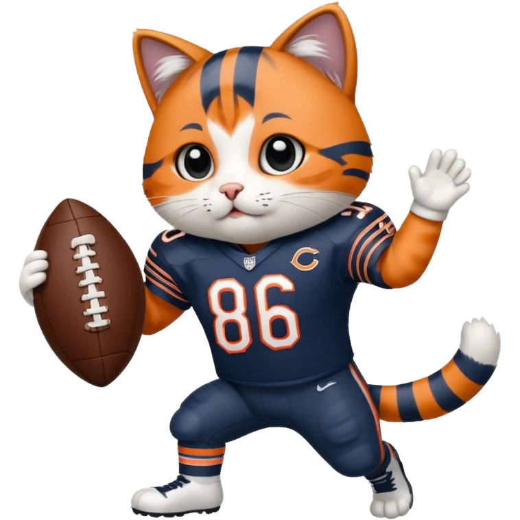 Rocky the cat in a Chicago Bears football uniform scoring a touchdown emoji