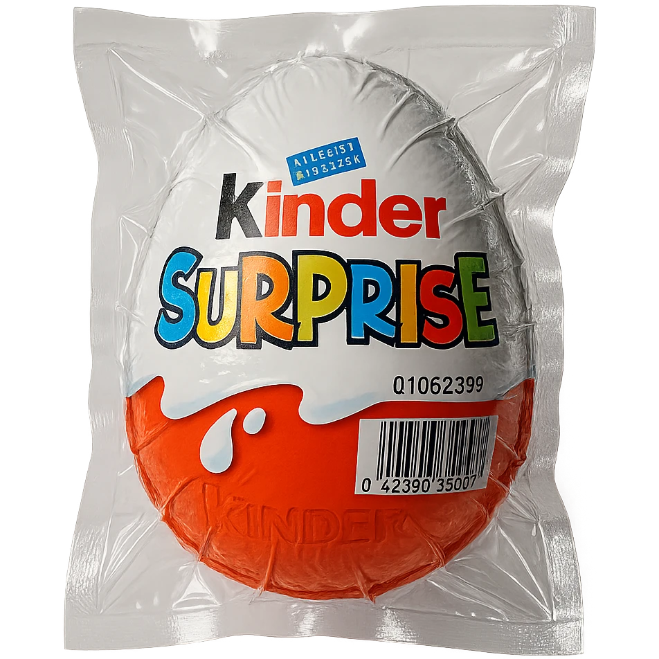 Kinder Surprise egg with standard packaging, glossy and puffy vacuum-sealed style emoji