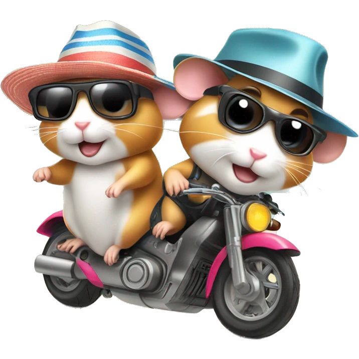 Two hamsters wearing swimwear and sun hat driving by motorbike on the beach emoji