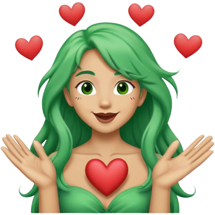 Tan long green hair  blowing kisses and making a heart symbol with hands emoji