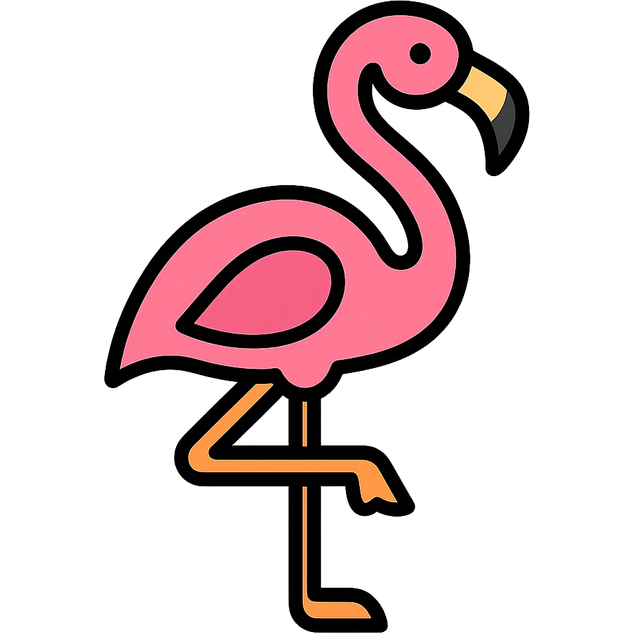 flamingo, color outline icon style, clean lines, minimal detail, black outlines, vibrant pinks and oranges emoji